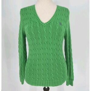 Ralph Lauren Sport Green Cable Knit V Neck Sweater Womens L Purple Pony Cotton